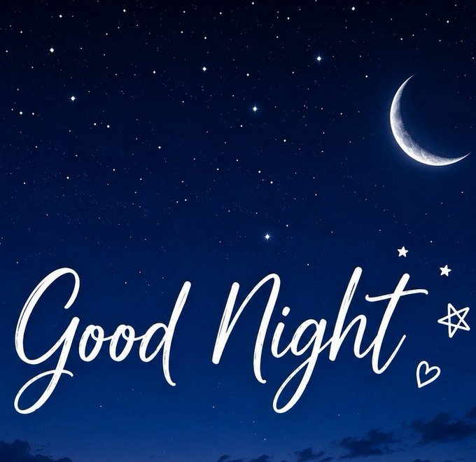 A "Good Night" greeting card features a dark blue starry sky with a crescent moon and small star and heart illustrations.