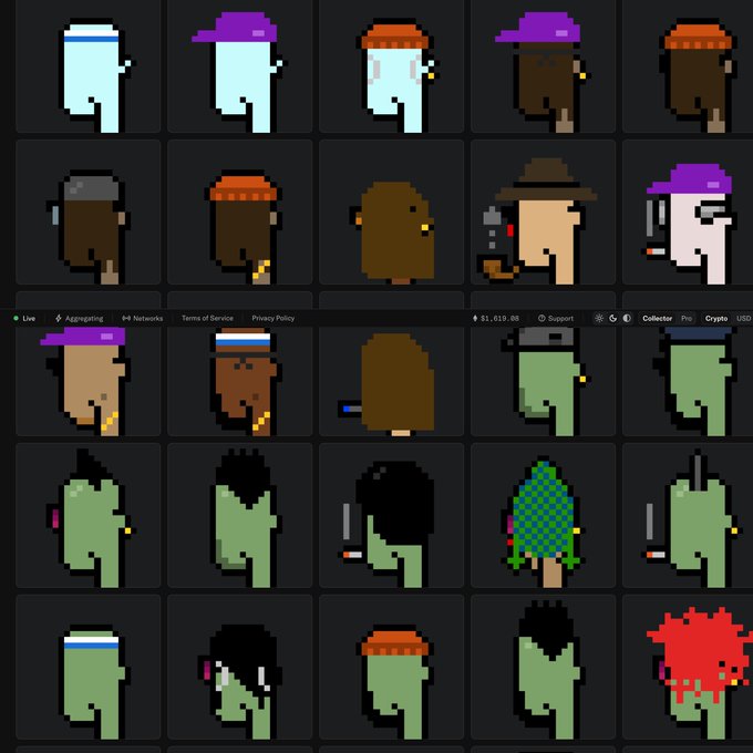 A grid of pixel art characters with various hats, hairstyles, and skin tones, displayed on a dark webpage with footer text including 'Live', 'Aggregating', 'Networks', 'Terms of Service', 'Privacy Policy', '$1,613.66', 'Support', 'Collector', 'Pro', 'Crypto', and 'USD'.
