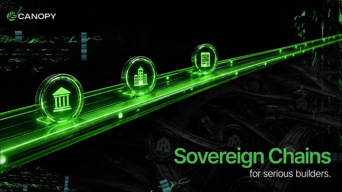 A green-themed digital graphic for 'CANOPY' features the text 'Sovereign Chains for serious builders,' with glowing circular icons depicting buildings and a bank traveling along a neon green track.