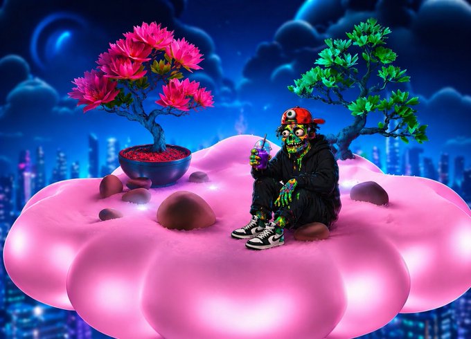A vibrant digital artwork depicting a colorful zombie-like character sitting on a glowing pink cloud island with two bonsai trees (one pink, one green) against a night cityscape backdrop.