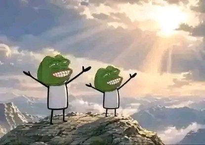 Two cartoon figures with green troll-like faces stand on a mountain peak with arms raised in celebration against a sunlit sky.