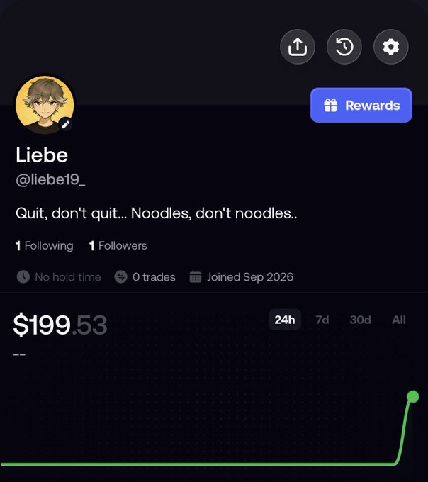 A trading profile for 'Liebe' (@liebe19_) with the bio 'Quit, don't quit... Noodles, don't noodles..' and 1 follower, showing a portfolio value of $199.53 with a small green uptick on the 24h chart, joined Sep 2026.
