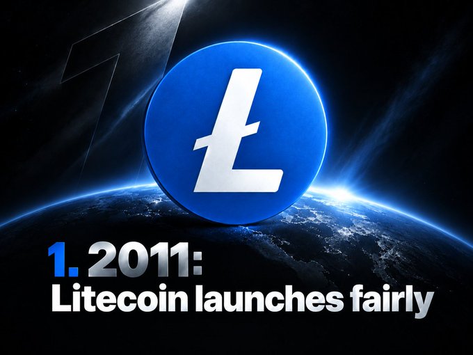 An infographic slide showing a blue Litecoin coin against a space backdrop with the text "1. 2011: Litecoin launches fairly".