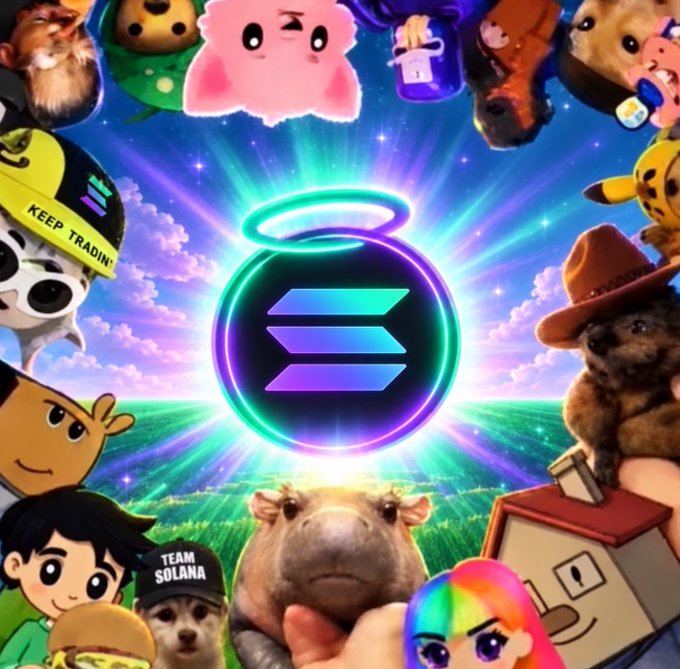 Solana cryptocurrency promotional artwork featuring the glowing Solana logo surrounded by various memes including Kirby, Pikachu, a capybara, a cowboy dog, and 'KEEP TRADING' hat.