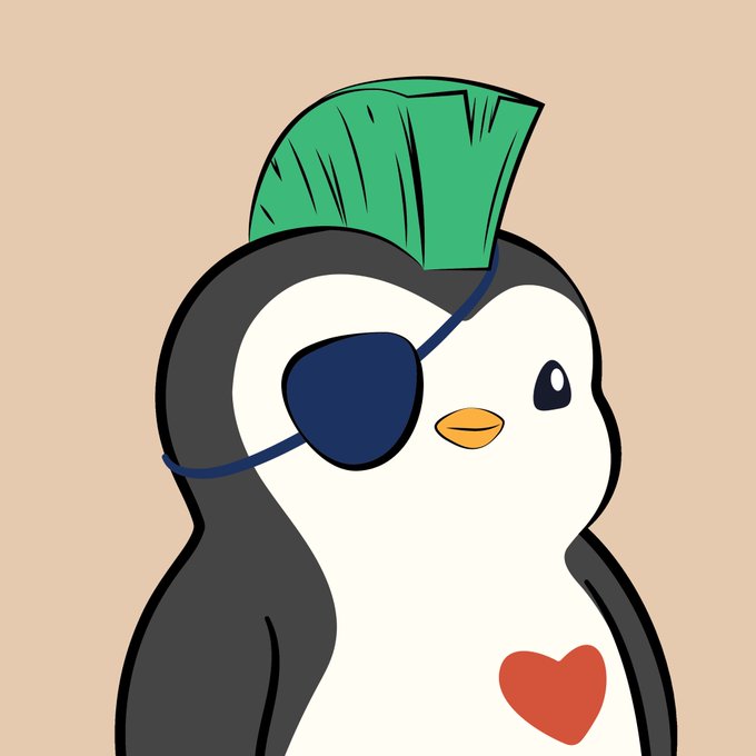 A cartoon penguin with a green mohawk, an eye patch, and a red heart on its chest, resembling a stylized crypto NFT character.