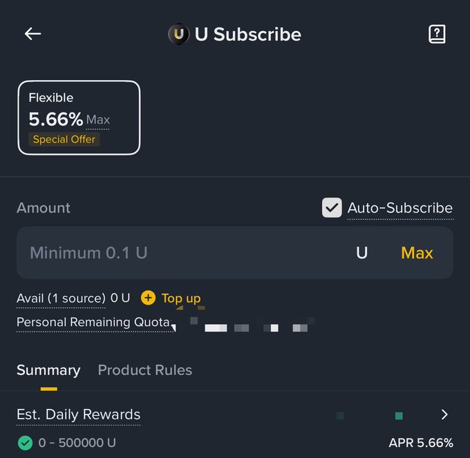 A mobile app interface for 'U Subscribe' with a flexible 5.66% Max special offer, showing options for amount, auto-subscribe, top-up, and an estimated daily reward APR of 5.66%.