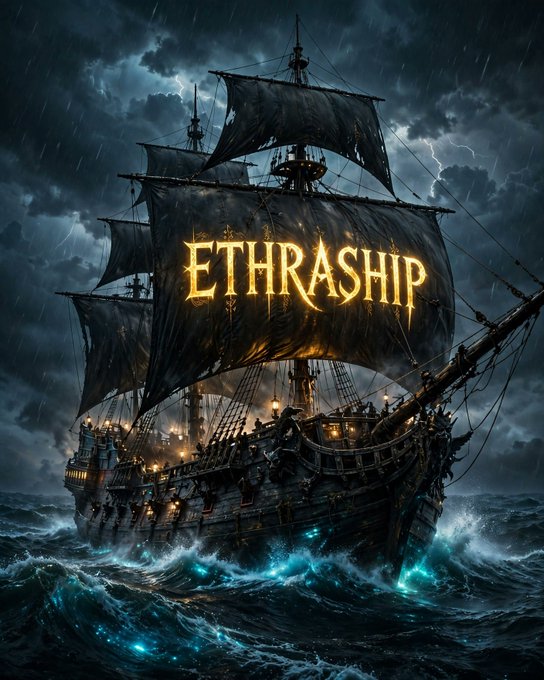 A dramatic digital artwork depicts a ghostly galleon navigating stormy seas, with the glowing golden text **"ETHRASHIP"** emblazoned across its largest sail. The image visually reinforces the post's message about the EthraShip fleet's tangible, verifiable real-world presence—its three operating Handysize bulk carriers (Ethra 1, Ethra Gold, and Ethra Diamond)—by evoking themes of maritime legacy, resilience, and on-chain asset tokenization.