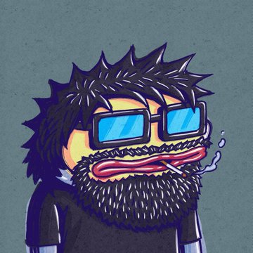 The image features a cartoon character with a beard, glasses, and a mustache, wearing a black shirt. The character has a cigarette in its mouth and appears to be smoking while standing against a gray background. The caption below the image provides information about the artist who created this unique piece of art.