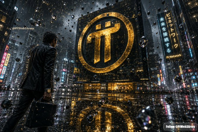 A man in a suit stands in a rainy cyberpunk city facing a massive golden Pi Network logo on a building, with Japanese text on a neon sign and '@PIWeb3Army' watermark.