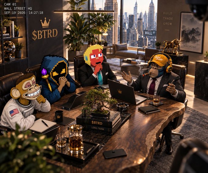 An illustration of NFT-style cartoon characters (including apes and pixel figures) seated around a wooden conference table in a Wall Street office, with on-screen text reading 'CAM 01 WALL STREET HQ', '$BTRD', and 'BUILD TRADE GROW'.