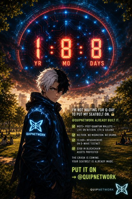 The image shows a stylized anime-style character in a dark hooded jacket featuring the QuipNetwork logo, standing in a park at sunset with a dramatic glowing red digital countdown timer overhead displaying "1 YR, 8 MO, 8 DAYS," accompanied by text promoting @quipnetwork with taglines like "I'M NOT WAITING FOR Q-DAY TO PUT MY SEATBELT ON," "QUIPNETWORK ALREADY BUILT IT," and "PUT IT ON → @QUIPNETWORK." The countdown visually reinforces the post's urgency about the looming quantum computing threat to Bitcoin's ECDSA cryptography and BIP-361's proposal to freeze $74B in vulnerable assets, positioning QuipNetwork as a proactive solution against quantum risks.