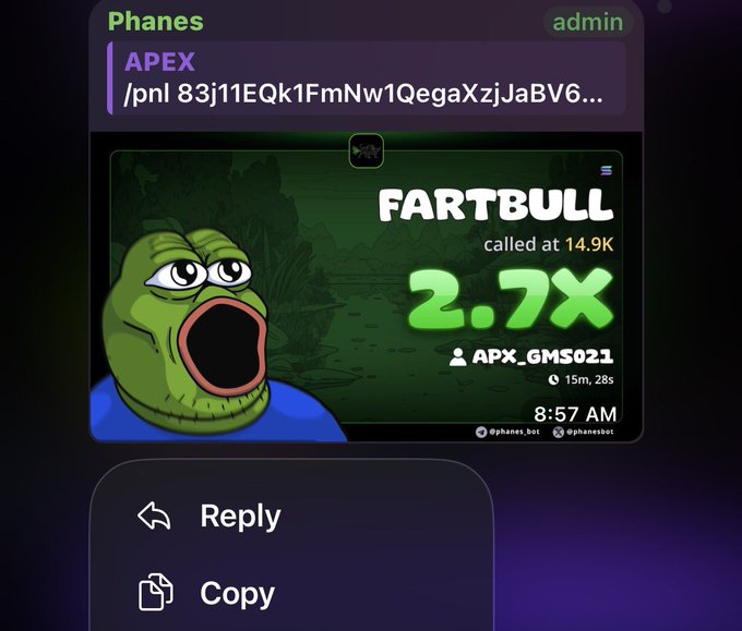 A Telegram message from 'Phanes' (admin) shows a meme featuring the 'Fartbull' Pepe character, advertising 'APEX' with a 2.7X return called at 14.9K, timestamped 8:57 AM.