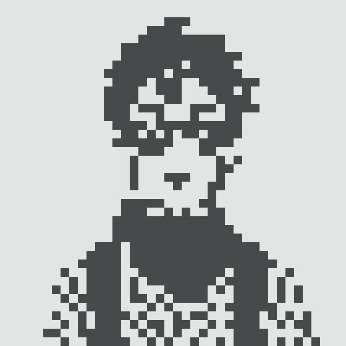 A minimalist black and white pixel art illustration depicts the bust of a female character with dark hair and an ornate outfit.