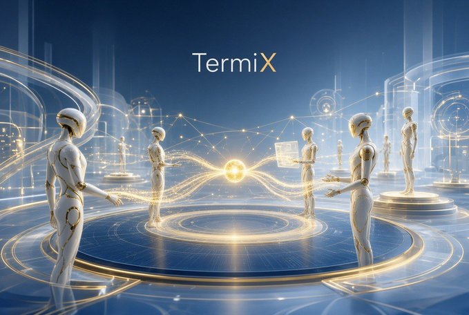 A futuristic digital illustration featuring humanoid robots and golden energy streams, with the text 'TermiX' displayed at the top against a blue sci-fi background.