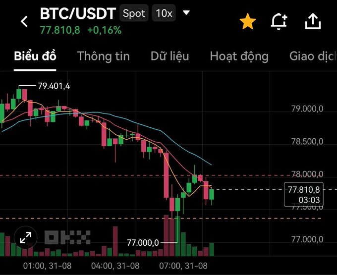 A candlestick chart displays BTC/USDT Spot trading at 77,810.8 (+0.16%), showing price action trending downward from 79,401.4 with various moving averages overlaid.