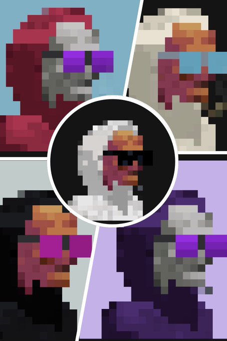 A collage of pixelated character sprites, likely from a video game, showing various armored and robed figures with colorful sunglasses and masks in different color schemes (red, white, black, and purple).