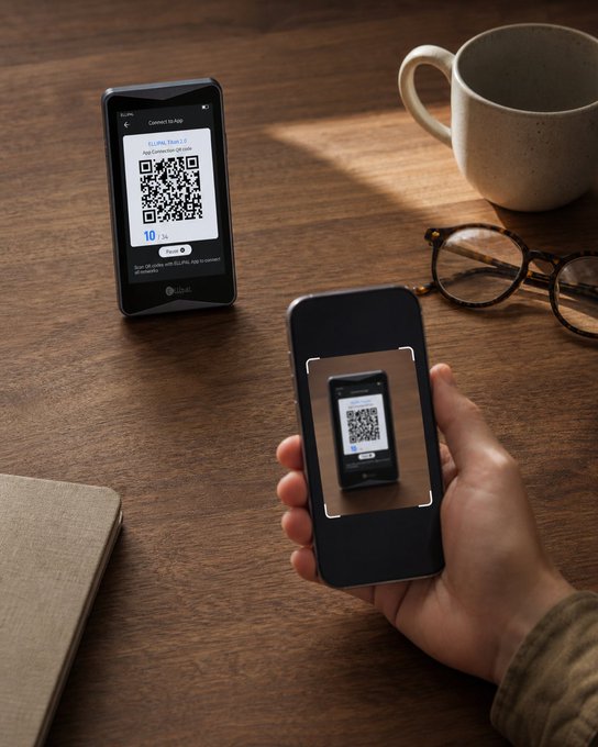 A person uses a smartphone to scan a QR code displayed on another phone showing a 'LUXOR Wallet' payment screen for 'EUPN Token', accompanied by a coffee mug and glasses on a wooden table.