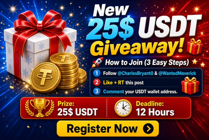 A promotional graphic advertising a 'New 25$ USDT Giveaway!' with instructions to follow accounts, like/RT, and comment a USDT wallet address, showing a 12-hour deadline.
