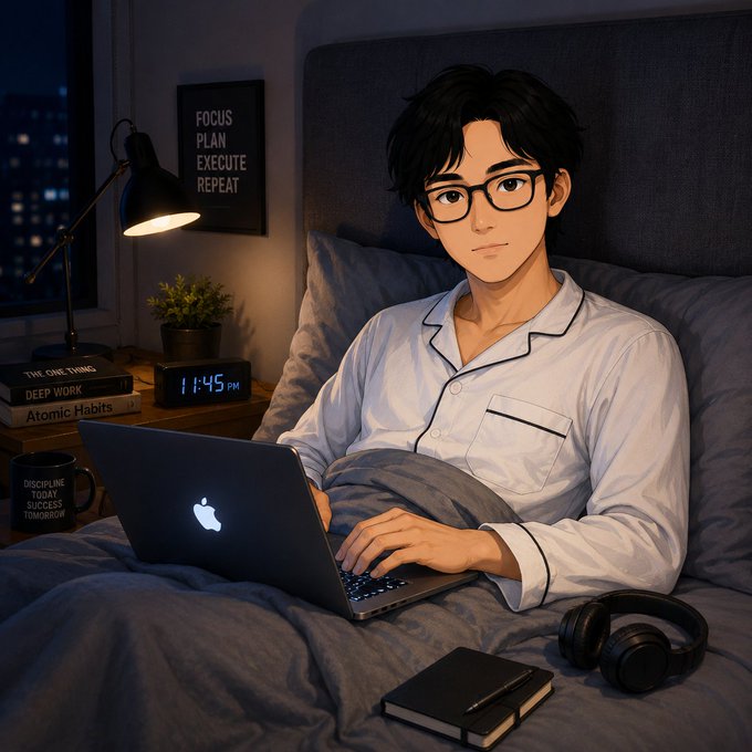 An anime-style illustration of a young man with glasses working on an Apple MacBook laptop in bed at night, with a desk lamp, digital clock showing 11:45 PM, and books titled 'THE ONE THING', 'DEEP WORK', and 'Atomic Habits' nearby.