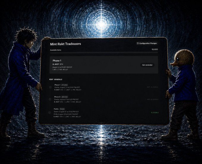 The illustration depicts two characters holding a large interface panel titled "Mint Rekt Tradoors" showing 10,000 available items at 0.0427 ETH each, alongside a 3-phase mint schedule starting August 21, complementing the post's announcement of privileged NFT mint access for $EPIK stakers.