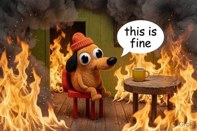 The image features a cartoon dog sitting on a chair, with a cup of coffee next to it. The background shows a fire burning brightly behind the dog, creating an intense atmosphere. A speech bubble above the dog reads "This is fine", suggesting that despite the chaos and danger around them, they are content and unfazed by the situation.