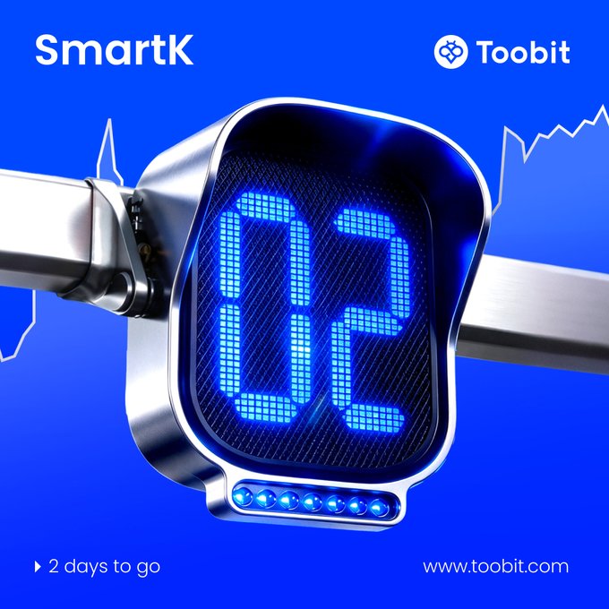 An advertisement showing a digital display reading '02' with the brands 'SmartK' and 'Toobit' at the corners, noting '2 days to go' and the website www.toobit.com, set against a blue background with chart lines.