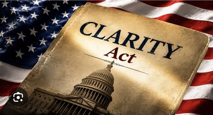 A book titled "CLARITY Act" featuring an image of the U.S. Capitol dome lies atop an American flag background.
