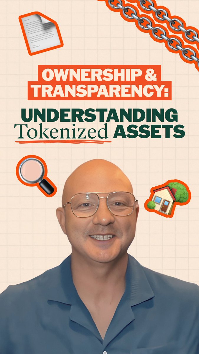 The image is a promotional thumbnail for an educational video titled "OWNERSHIP & TRANSPARENCY: UNDERSTANDING Tokenized ASSETS," featuring a smiling bald man with glasses surrounded by relevant icons—a blockchain chain, document, magnifying glass, and house—that visually reinforce the post's message about how tokenization breaks down barriers to asset ownership through accessible education.