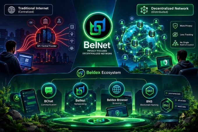An infographic comparing 'Traditional Internet (Centralized)' with 'Decentralized Network (Distributed)' for BelNet and Beldex Ecosystem, showing services like BChat, Beldex Browser, and BNS, with features like 'More Privacy', 'Less Tracking', and 'No Single Point of Control'.