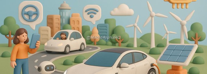 The image features a cartoon scene of a woman holding a book, standing next to a car with an antennae-like structure on top. The background shows various elements related to technology and transportation, including cars, buildings, windmills, and other vehicles. The caption reads "It is genuinely funny watching retail read a $TSLA headline and think they found a fundamental discount on AI capex".