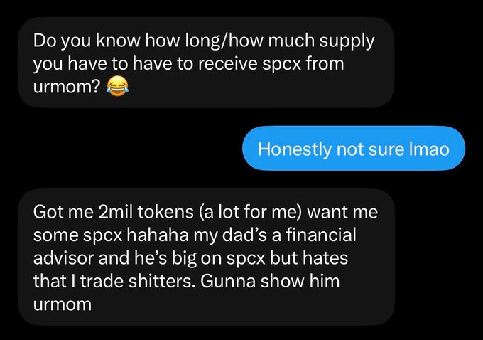 This text conversation shows someone discussing acquiring "2mil tokens" and "spcx," referencing "urmom" and a father who is a financial advisor, which relates to the "$urmom snowball effect" concept.