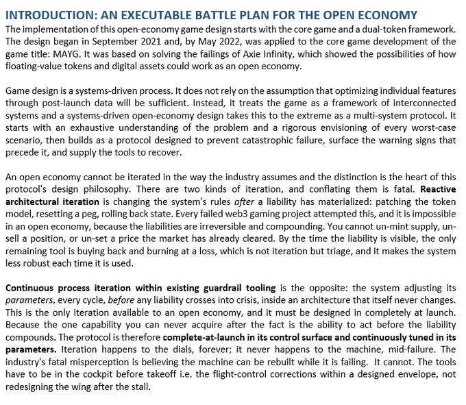 A screenshot of an article titled "Introduction: An Executable Battle Plan for the Open Economy," discussing the philosophy behind MAYG, a game built on Axie Infinity's failures using floating-value tokens and digital assets. The text contrasts "reactive architectural iteration" (changing systems after liabilities emerge) with "continuous process iteration within existing guardrail tooling," arguing that open economies cannot be patched after launch and must be designed complete-at-launch with continuously tunable parameters.