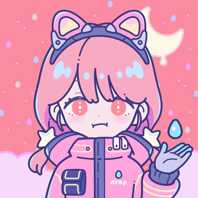 A cute anime/chibi-style illustration of a pink-haired character with cat-ear headbands, red eyes, and a pink winter jacket, with the word "drop" written on their outfit against a pink background with floating droplets.