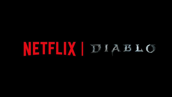 A black screen displaying 'NETFLIX | DIABLO' in red and metallic silver text, announcing a Netflix Diablo series.