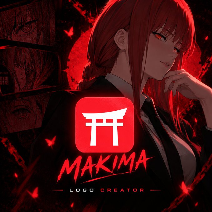 An anime-style graphic features a red-haired female character alongside a red logo with a white Japanese torii gate, labeled 'MAKIMA' and 'LOGO CREATOR'.