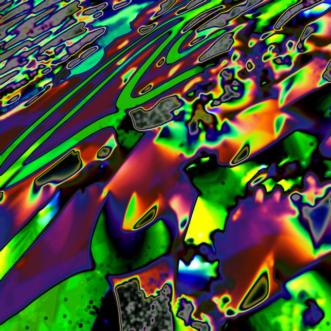 A vibrant, fluid abstract image with swirling iridescent patterns of green, purple, pink, and yellow.