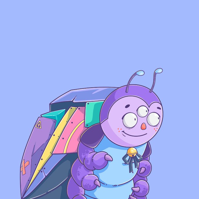 A cartoon purple caterpillar-like character with antennae wearing a medal, carrying a backpack made of colorful books or panels, against a light blue background.