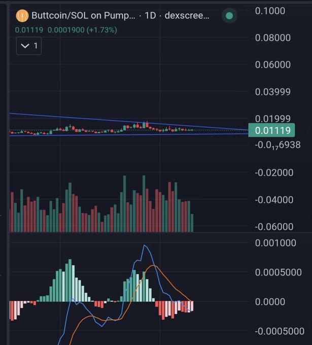 A cryptocurrency trading chart for 'Buttcoin/SOL on Pump' with a 1D timeframe, showing a current price of 0.01119 (+1.73%) along with volume bars and MACD indicators.