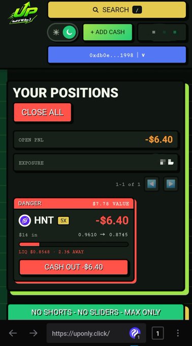 A mobile trading interface on uponly.click shows an active position with a $7.78 value and a -$6.40 loss on 'HNT', featuring red 'CLOSE ALL' and 'CASH OUT' buttons.