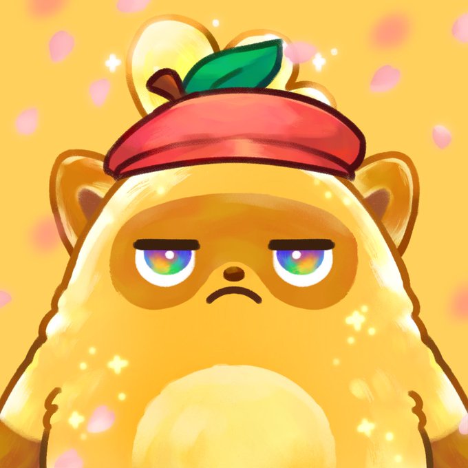 An illustration of an orange bear-like character wearing a red apple cap, with droopy rainbow-colored eyes and a frowning expression against a yellow background with falling petals.