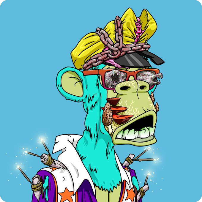 A stylized digital illustration of a turquoise, zombie-like monkey character wearing red sunglasses, a graduation cap with chains, and a star-patterned robe with sparklers.