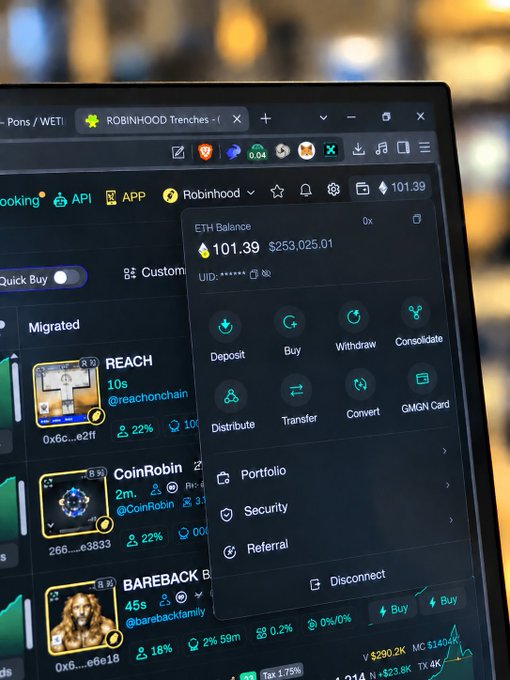 A Robinhood Trenches webpage on 0xscan is shown with a connected wallet popup displaying an ETH balance of 101.39 ($253,025.01) and menu options including Deposit, Buy, Withdraw, Consolidate, Distribute, Transfer, Convert, and GMGN Card. The post relates to the image by referencing GMGN as a tool for finding runners on the Robinhood chain, which is visible in the wallet's quick-access menu.