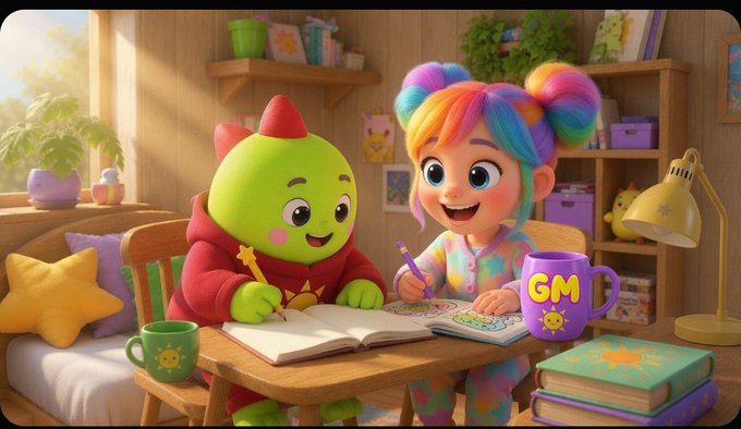 A colorful 3D cartoon illustration of a green dragon-like creature and a rainbow-haired girl drawing together at a desk, with a purple 'GM' mug and 'SUN' book visible.