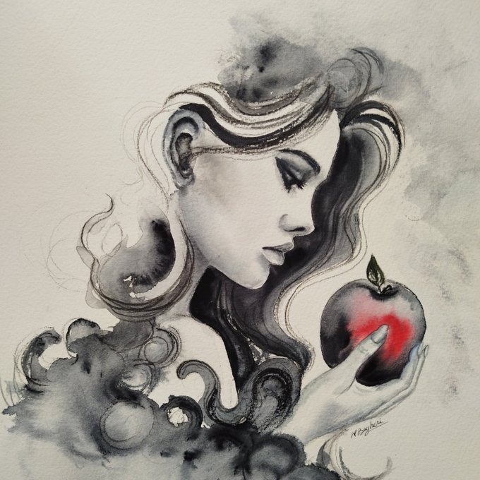 Black ink and watercolor painting of a woman with flowing hair holding a red and black apple, rendered in an artistic, sketchy style.