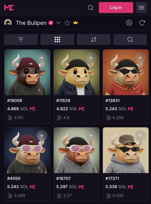 Screenshot of the Magic Eden NFT marketplace showing 'The Bullpen' collection with six bull character NFTs displayed at prices ranging from 4.151 to 5.339 SOL, with IDs #19058, #11529, #13631, #4050, #16707, and #17371.