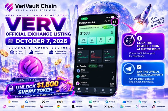 A promotional graphic for VeriVault Chain ($VERV) official exchange listing on October 7, 2026, advertising a $1,500 $VERV token unlock and listing on multiple exchanges like Binance, Coinbase, OKX, and Kraken.