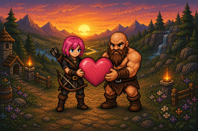 A pixel-art RPG scene at sunset showing a pink-haired archer and a burly bearded warrior holding a large pink heart together, set in a mountainous landscape with a river and waterfalls.