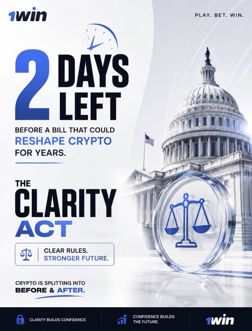 A 1win promotional graphic featuring the U.S. Capitol building and a scale of justice emblem, highlighting "2 DAYS LEFT BEFORE A BILL THAT COULD RESHAPE CRYPTO" with the tagline "THE CLARITY ACT — CLEAR RULES. STRONGER FUTURE." The image visually reinforces the post's focus on the CLARITY Act, providing urgency around the upcoming legislation rather than emphasizing the speculative market cap projections.