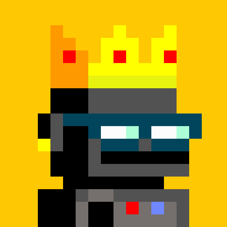 A pixel art character featuring a crown, sunglasses, and beard against a yellow background, resembling a 'King' figure.