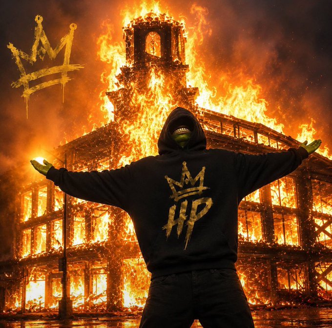 A dramatic, fiery promotional image of a hooded figure in a black hoodie featuring a gold crown logo, standing with arms outstretched in front of a large wooden building engulfed in flames.